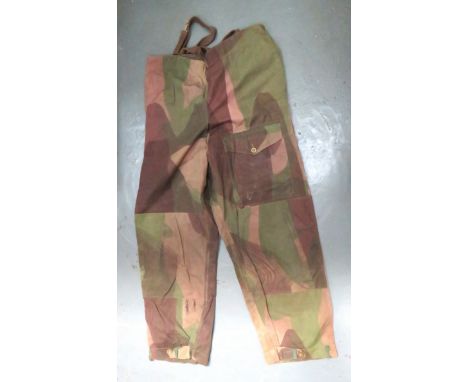 WW2 Dated Camouflage Windproof Trousers green, brown and tan cotton over trousers. &nbsp;Left of front leg with large patch p