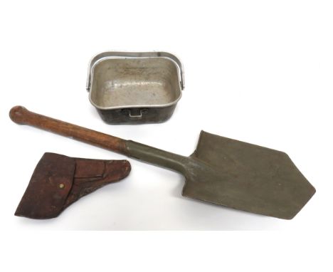 WW1 Austrian Entrenching Tool And Mess Tin green painted head with top securing mount. &nbsp;Wooden handle with bulbous end .
