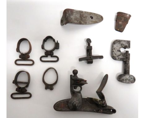 Selection Of Antique Gun Parts including Austrian flintlock lock with faint marks ... Blued steel mainspring clamp ... Steel 