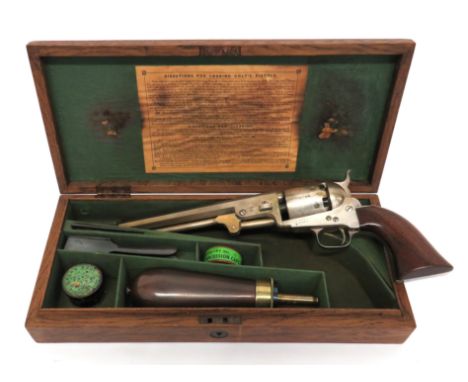 Cased M1851 London Proofed Plated Navy Percussion Revolver .36 cal, 7 1/2 inch, silvered plated, octagonal barrel.  Front stu