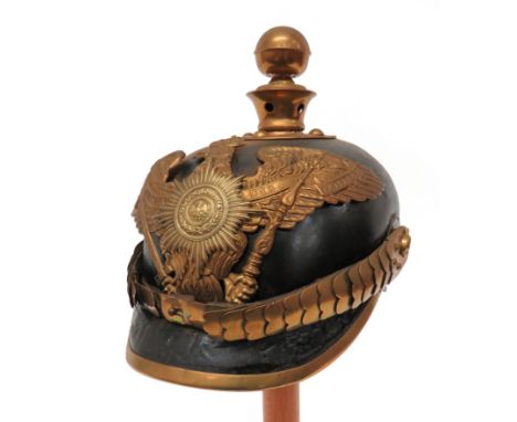 Imperial German Prussian Garde Artillery Pickelhaube&nbsp; black leather crown, rear brim and front peak, this with brass edg
