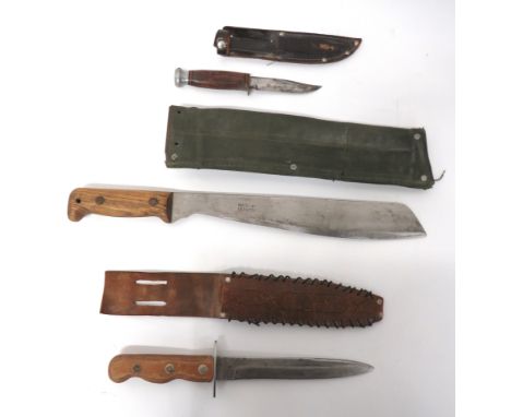 Three Various Knives consisting field constructed trench knife. &nbsp;7 3/4 inch, single edged blade with sharpened back edge