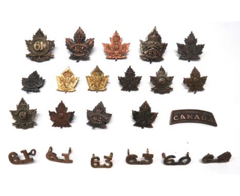 22 x Canadian WW1 Overseas Battalion Cap, Collars And Titles cap consist darkened KC 60 Batt ... Darkened KC 61 Winnipeg ... 
