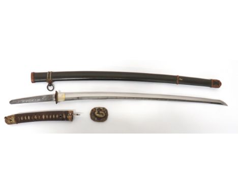 WW2 Military Mounted Japanese Officer's Katana Sword With Signed Tang 26 1/2 inch, single edged blade. &nbsp;Straight line ha