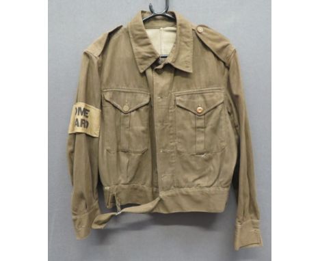 WW2 Dated Home Guard Denim Blouse green denim, single breasted, closed collar, short jacket. &nbsp;Pleated chest pockets with