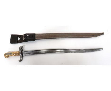 French M1842 Sabre Bayonet 22 1/2 inch, single edged, yataghan blade with wide fuller. &nbsp;Back edge with maker's details d