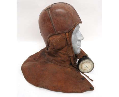 WW1 American Balloon Airship Protective Flying Helmet brown, hard leather, four panel crown. &nbsp;Soft leather side panels w