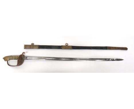 1827 Pattern Victorian Royal Navy Officer's Sword 31 1/2 inch, single edged blade with wide fuller. &nbsp;Foliage etched pane