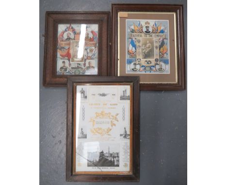 Three WW1 Period Framed Memorial Panels consisting framed Glory Of God printed memorial to "Pte Mark Eames 1st Batt R. Warwic