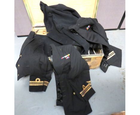 Quantity Of WW2 And Post Royal Navy Officer Uniforms including dark blue, Lt Commander, double breasted service dress tunic. 