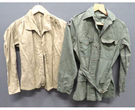 WW2 ATS Bush Shirt green, Aertex, single breasted, closed collar jacket.  Patch chest pockets with buttoned flaps.  Lower hid