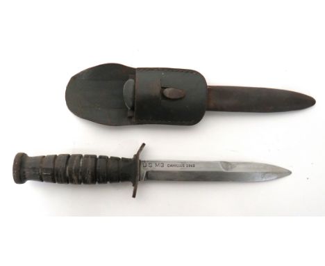 American M3 1943 Combat Knife 6 1/2 inch, single edged blade with sharpened back edge point. &nbsp;Blade marked "US M3 Camill