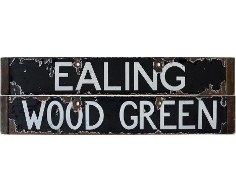 London Underground Standard (1920s) Tube Stock enamel DESTINATION PLATE for Ealing & Wood Green on the Piccadilly Line. Doubl