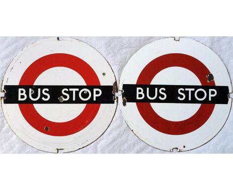 A pair of London Transport 'DOLLY STOP' enamel BUS STOP SIGNS, temporary bus stops used for diversions, emergencies etc. Thes