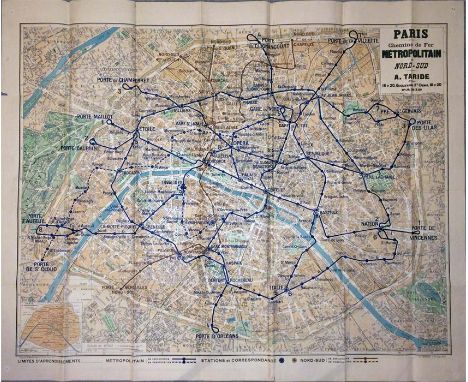 Early 1920s POSTER MAP (c. quad royal size) of the Paris Métropolitain. Undated but shows only the first 8 lines with the lin