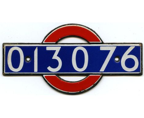 London Underground enamel 'bullseye' STOCK-NUMBER PLATE from 1938 OP-class trailer 013076. These plates were located above th