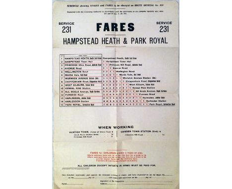 1920s London bus FARECHART ('Fares') POSTER for route 231 between Hampstead Heath and Park Royal. It was a legal requirement 