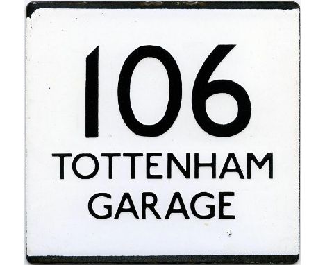 London Transport bus stop enamel E-PLATE for route 106 'Tottenham Garage'. Dates from the 1971-81 period when the route had a