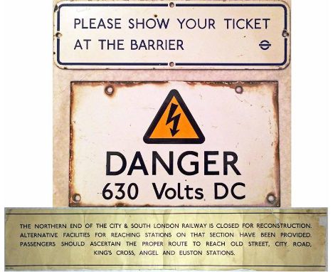 London Underground items comprising a 1950s/60s ENAMEL PLATE 'Please show your ticket at the barrier' with LT bullseye (12" x