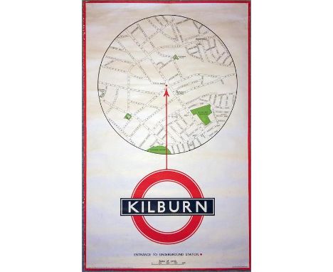 Original 1939 London Transport double-royal POSTER 'Kilburn' showing the entrance to the Underground Station on a local stree