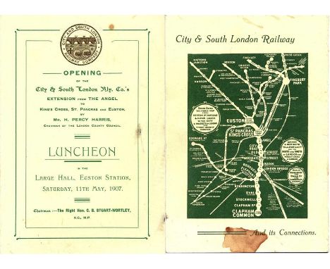 City & South London Railway Co fold-out card LUNCHEON MENU dated 11 May 1907 to mark the opening of the extension from The An