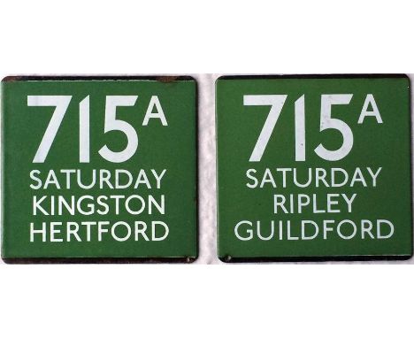 London Transport (London Country) coach stop enamel E-PLATES for Green Line route 715A 'Saturday Kingston Hertford' and 'Satu