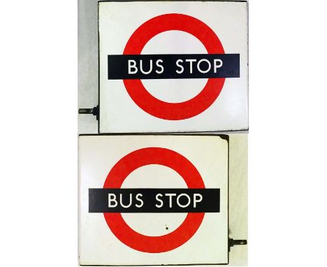 London Transport enamel compulsory BUS STOP FLAG. A double-sided, hollow ''boat'-type sign in the traditional 1950s-60s 'bull