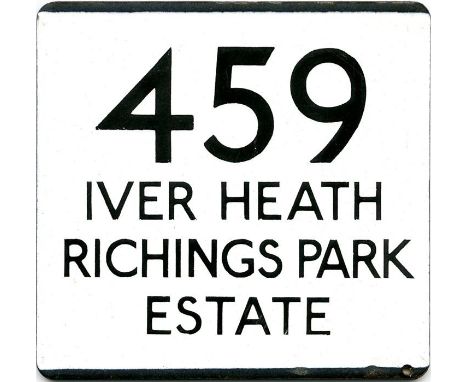 London Transport bus stop enamel E-PLATE for route 459 destinated Iver Heath, Richings Park Estate. Believed to have been loc