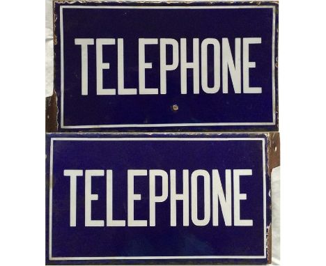 A small, double-sided ENAMEL SIGN 'TELEPHONE' finished in white on a blue background with tabs at one end for fixing to a pol