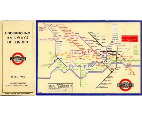 1934 London Underground 'Railways of London' POCKET MAP. An early H C Beck diagrammatic card map with print reference 34-1945