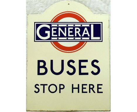 Enamel BUS STOP FLAG 'General Buses stop here' in 1920s 'tombstone' style. A high-quality, authentic replica made to original