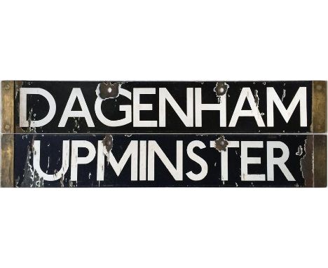London Underground Q-Stock enamel DESTINATION PLATE for Dagenham and Upminster on the District Line. Double-sided, reversable