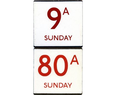 London Transport bus stop enamel E-PLATES for routes 9A Sunday and 80A Sunday, both red on white and in very good, ex-stop co