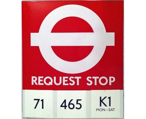 London Transport enamel BUS STOP FLAG 'Request Stop'. A double-sided, hollow sign of the 'boat' style in the short-lived earl