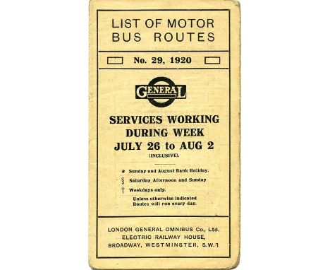 London General Omnibus Company 1920 fold-out LEAFLET "LIST OF MOTOR-BUS ROUTES - Services working during week July 26 to Aug 