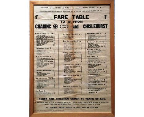 1920s London independent ('pirate') bus operator's FARECHART ('Fare Table') POSTER for route 1F between Charing Cross (Trafal