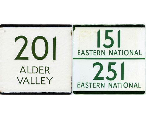 London Transport bus stop enamel E-PLATES for Alder Valley route 201 (Basingstoke to Heathrow) and Eastern National 151/251 (