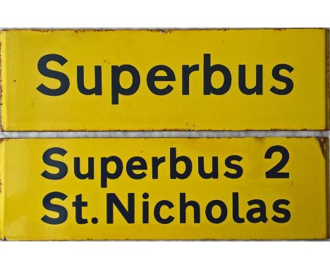 London Country bus stop enamel Q-PLATES comprising 'Superbus' and 'Superbus 2, St Nicholas'.  Dating from 1971 and 1972 respe