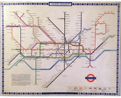 1969 London Underground small POSTER MAP officially mounted on soft board by London Transport for use in booking offices etc,