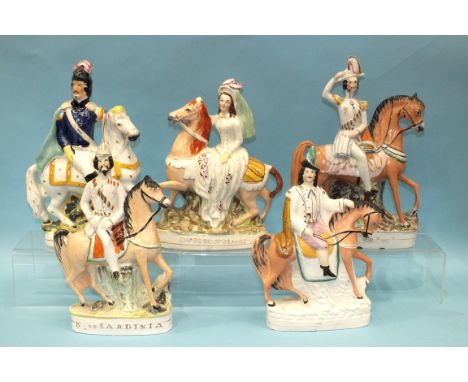 Four 19th century Staffordshire ceramic equestrian figures, 'Louis Napoleon', 32.5cm high, 'Empress of France', 29.5cm, 'Prin