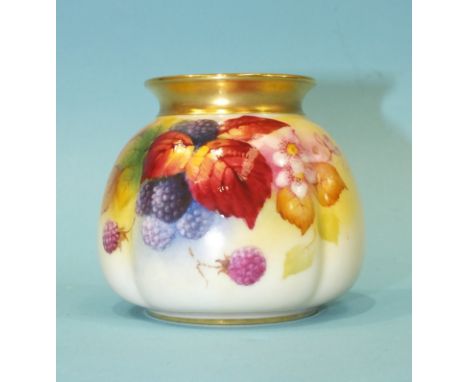 A 20th century Royal Worcester vase of squat form, shape No.158, decorated with autumn leaves and fruit, signed 'K Blake', 8c