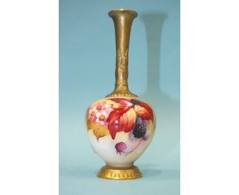 A 20th century Royal Worcester long-necked vase, shape No.1661, decorated with autumn leaves and berries, signed 'K Blake', 1