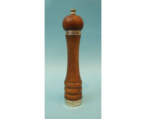 A modern silver-mounted walnut pepper grinder, maker Park Green &amp; Co, Ltd, London 1961, 23cm.