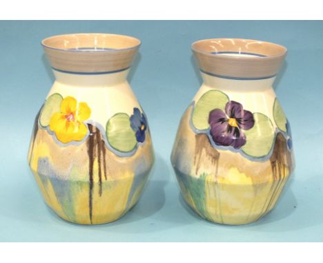 A pair of Clarice Cliff Dulcinea Pansy-pattern vases, 20.5cm high.