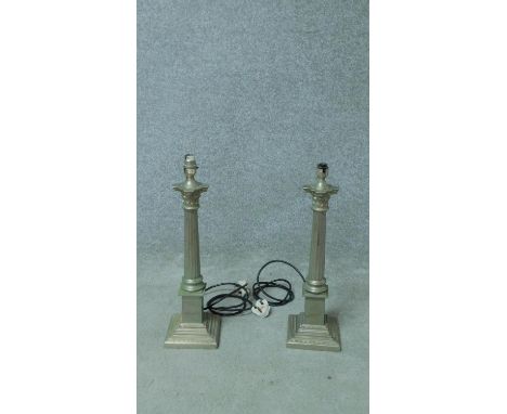 A pair of metal Corinthian column table lamp bases. H.50cm 