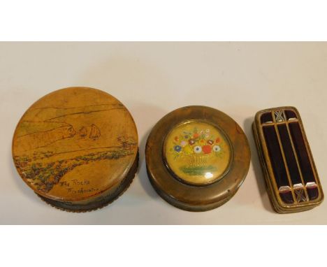 Three antique boxes. Including a treen box with central reverse painted floral design glass plaque and faux tortoiseshell ins