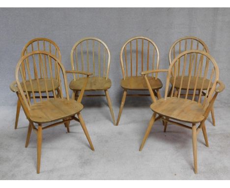 A set of six blonde elm and beech vintage Ercol Windsor dining chairs, model 370, stamped with kite mark to underside, to inc