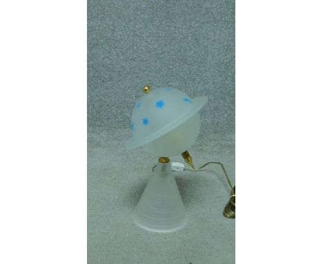 A vintage opaque glass table lamp in the form of a stylised astral globe. H.32cm 