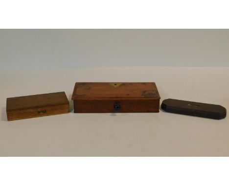 A 19th century box fitted with weighing scales, a box fitted with vintage cut throat razors and another 19th century box. H.5
