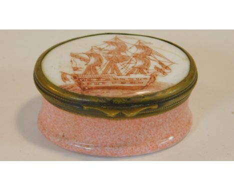 A Georgian enamel patch pot with pink speckled enamel base and hand painted sailing galleon design to the top. H.2.5 W.4.5 D.